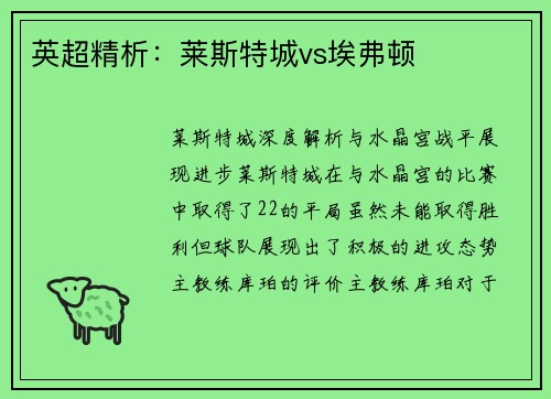 英超精析：莱斯特城vs埃弗顿