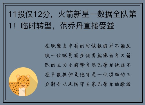 11投仅12分，火箭新星一数据全队第1！临时转型，范乔丹直接受益